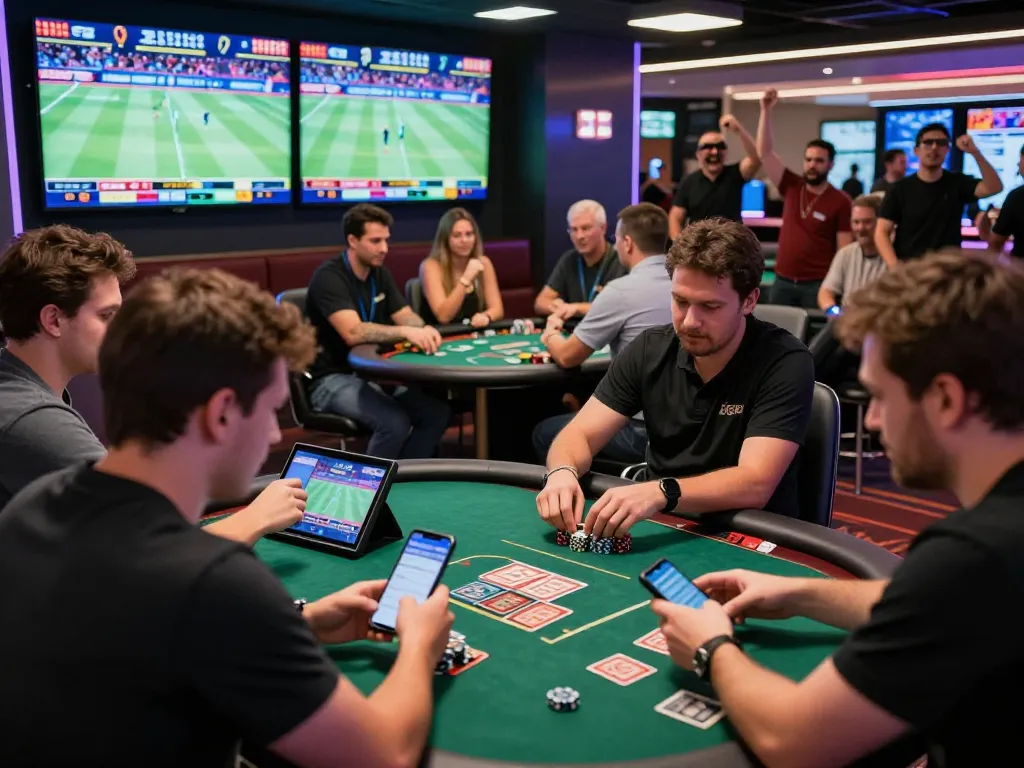 Dynamic sports betting lounge with SBOBET fans placing bets