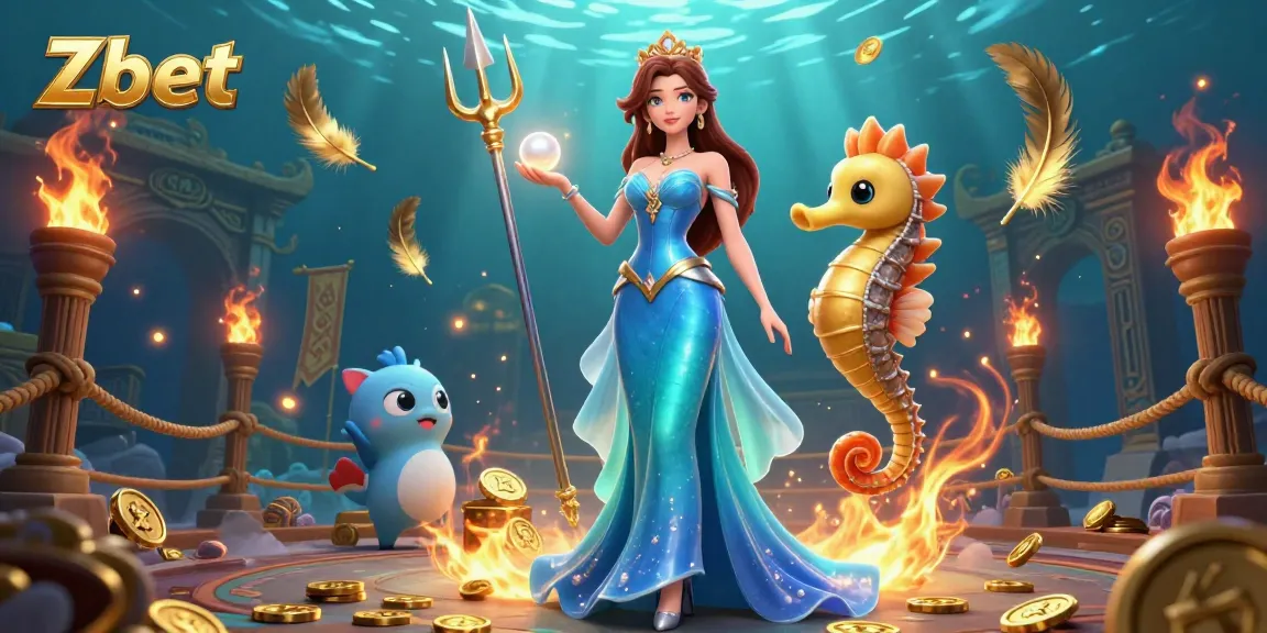 Zbet's captivating underwater casino illustration showcases a woman in blue with a pearly treasure, invoking excitement.