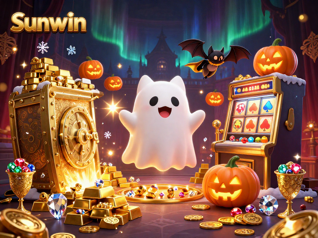 Join the excitement at sunwin with a friendly ghost cat and vampire bat in a haunted casino adventure.