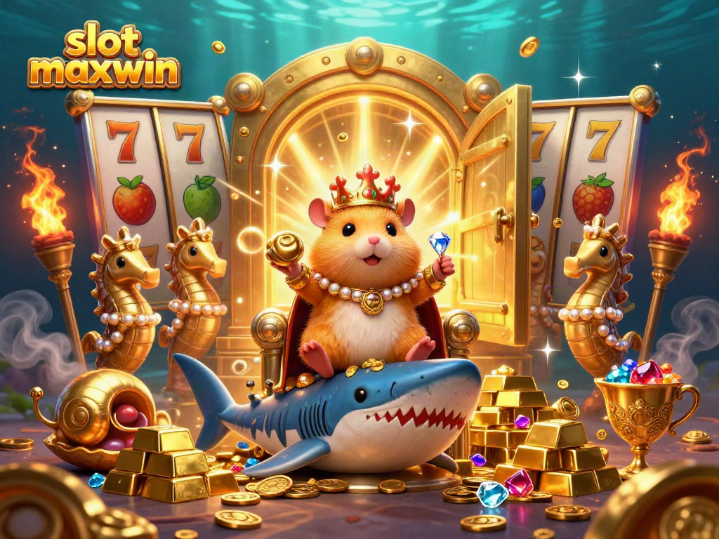 Experience exhilarating gameplay with slot maxwin amidst gold bars, dazzling gems, and a royal hamster king.