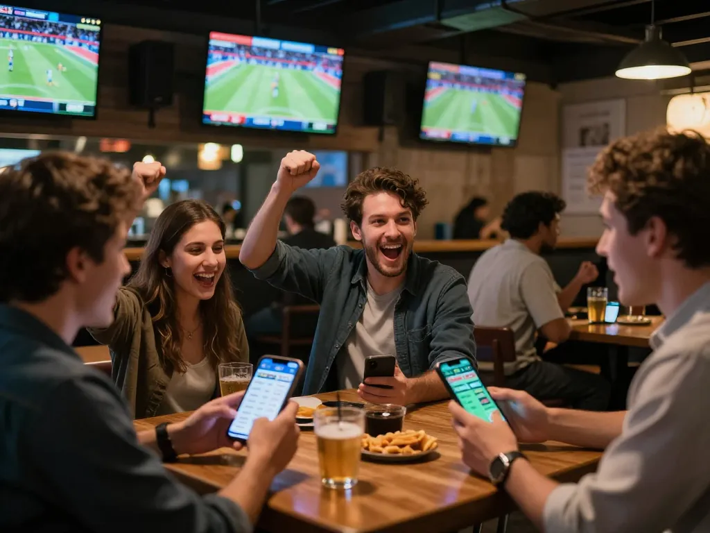 TA88 sports betting excitement with friends cheering while analyzing odds on mobile apps.