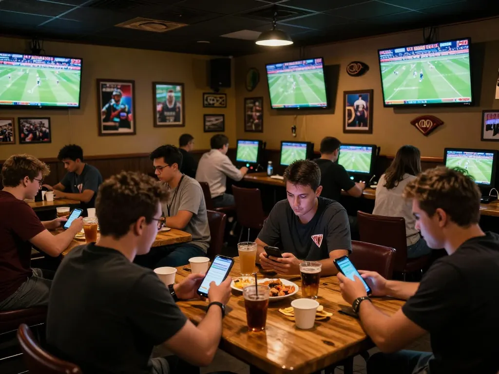 Spectators excitedly engaged in soi keo nha cai action while placing bets on mobile devices in a lively sports bar.