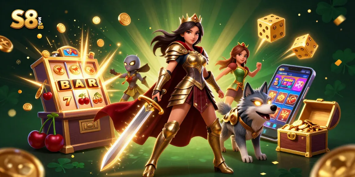 Experience S8 đăng nhập with a stunning warrior queen and vibrant casino elements in a captivating 3D scene.