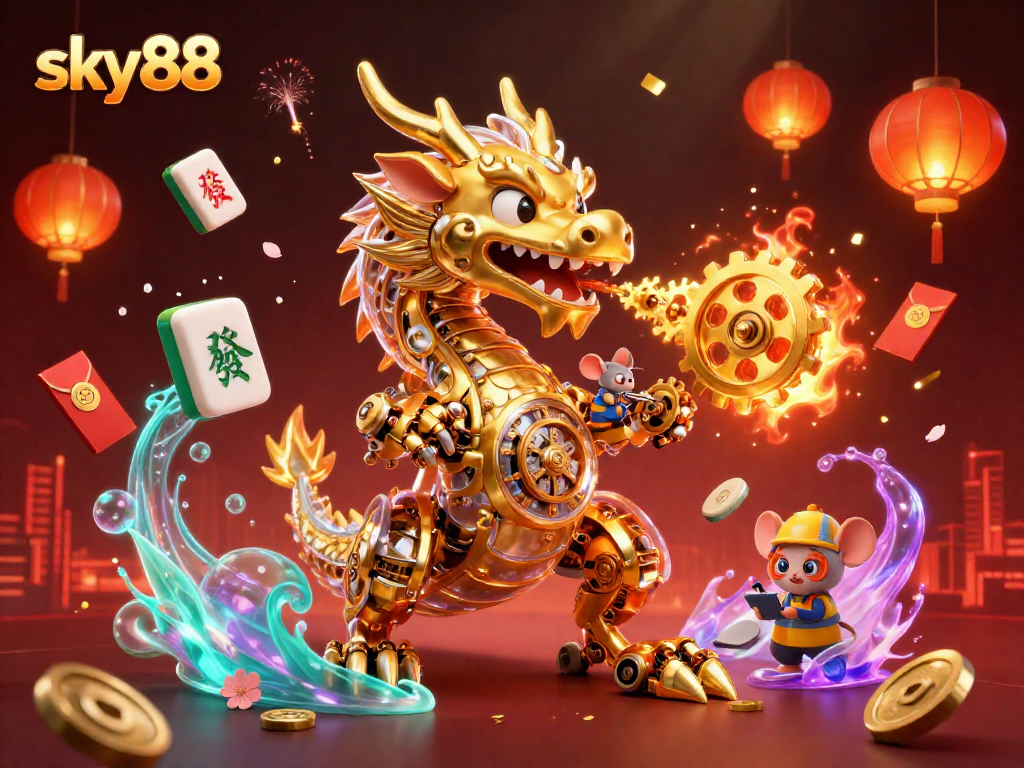 Experience sky88 through an enchanting 3D scene with a golden dragon and vibrant casino elements.