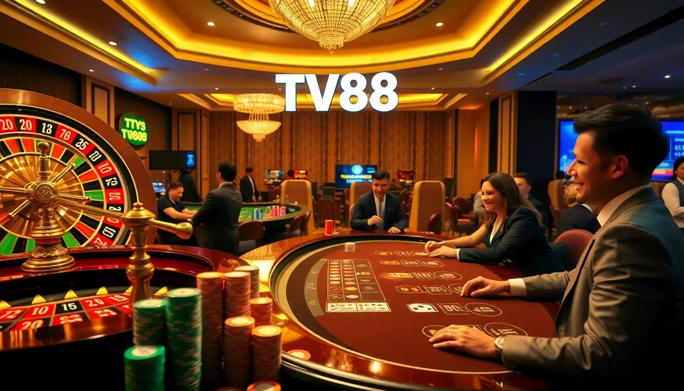 Exciting casino gameplay at TV88 with happy gamblers at the poker table.