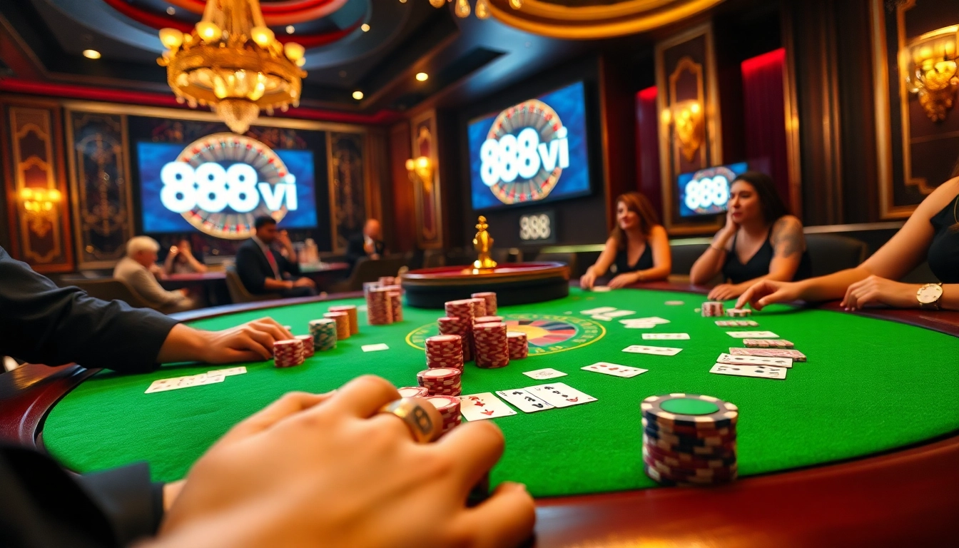 Experience excitement at the casino with 888vi poker chips and cards on a rich green table.