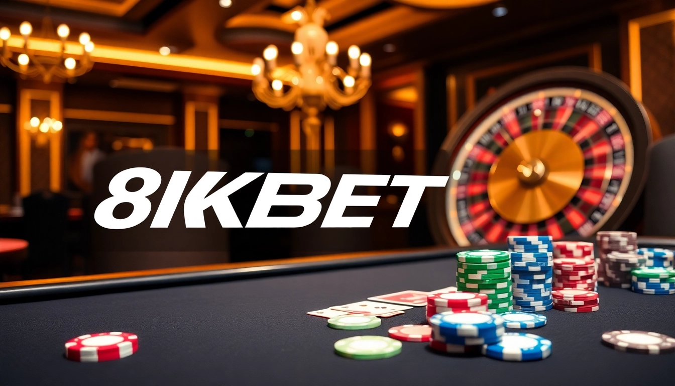Experience high-stakes gaming at 8KBET, showcasing poker action and luxurious casino setup.