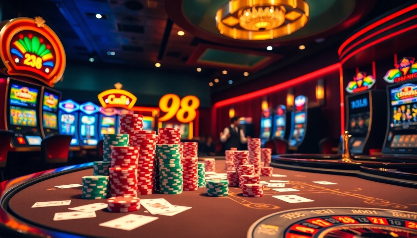 Exciting casino action with poker chips and cards at 98win for thrilling gaming experiences.