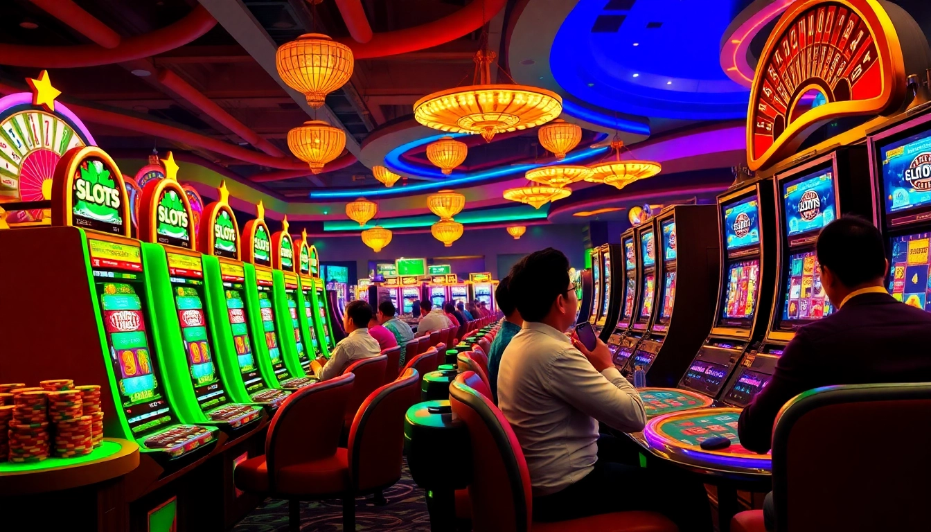 Exciting gameplay at a casino displaying slot deposit pulsa with vibrant machines and thrilled players.
