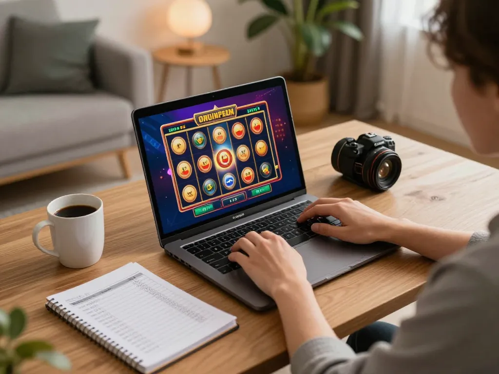 Engaging in online gaming for đăng nhập TR88 with a laptop screen showing a colorful slot game and bankroll notes.