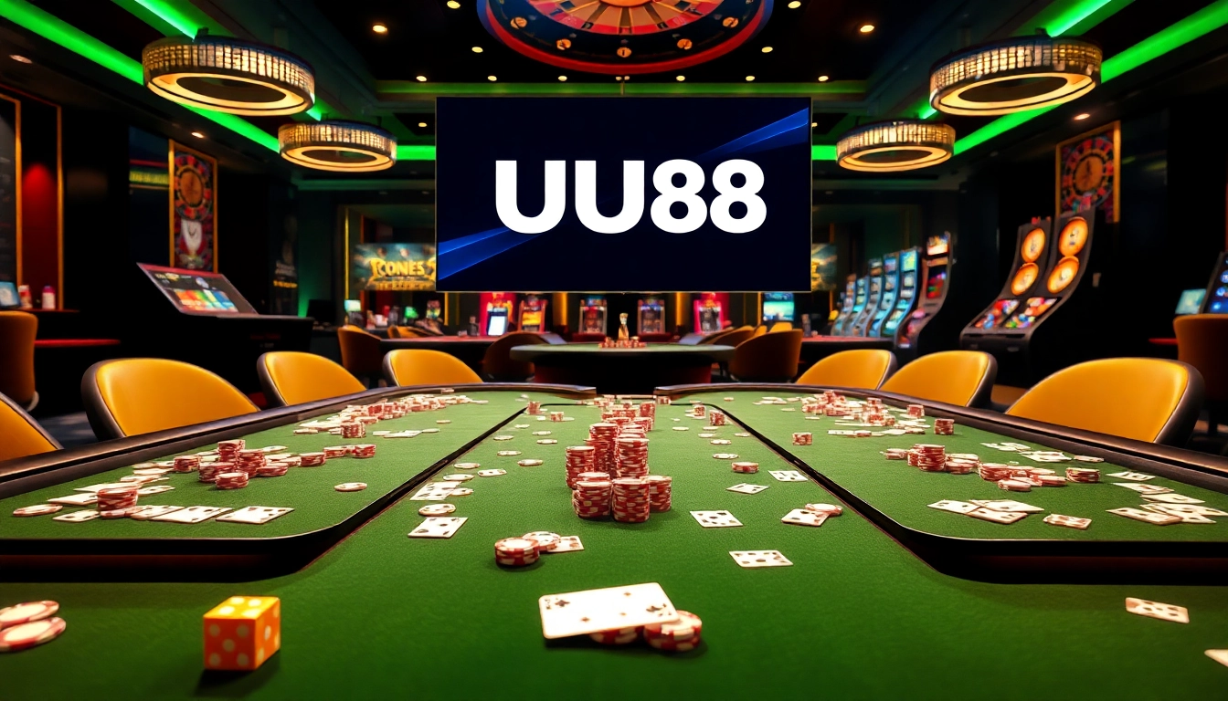 UU88 casino scene showcasing vibrant gaming tables and engaging online interface.