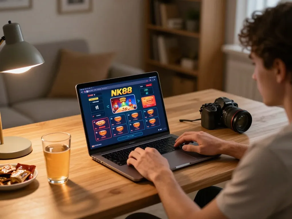 Player enjoying NK88 online casino from cozy home setup with engaging gaming interface