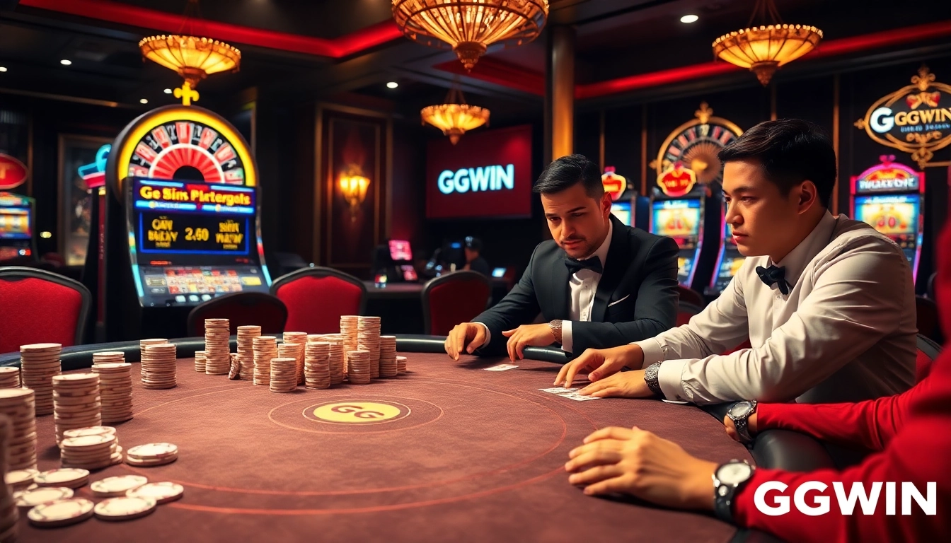 Exciting GGWIN poker table scene showcasing high-stakes play and luxurious casino ambiance.