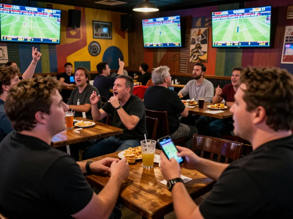 Patrons engaged in sports betting at Oxbet, placing bets and watching live matches at a lively bar.