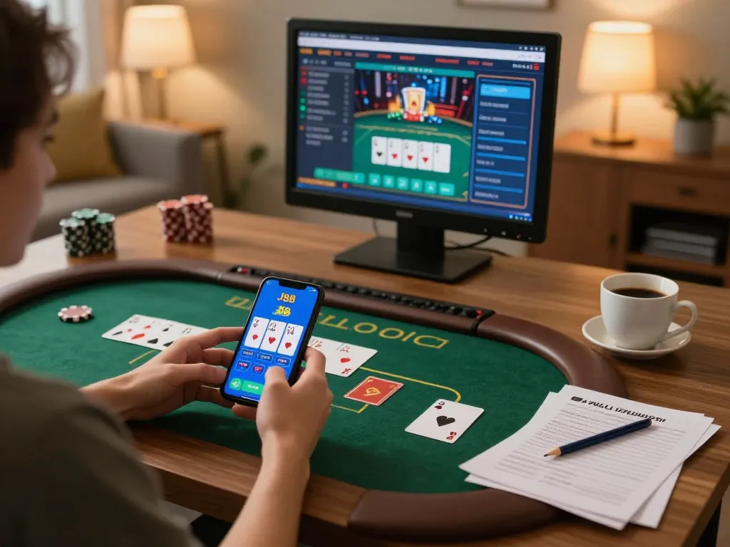 Engaging user placing bets on J88 app in a cozy setting, showcasing responsible online gambling.