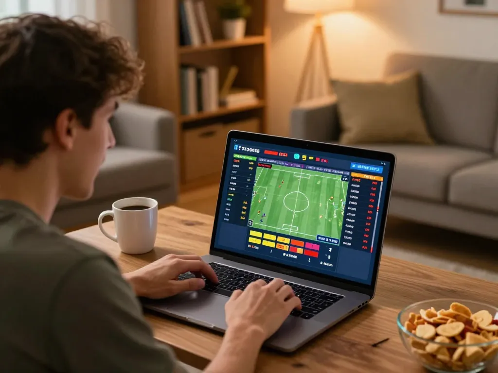 Person engaged in sports betting at home, analyzing keo nha cai odds on laptop.