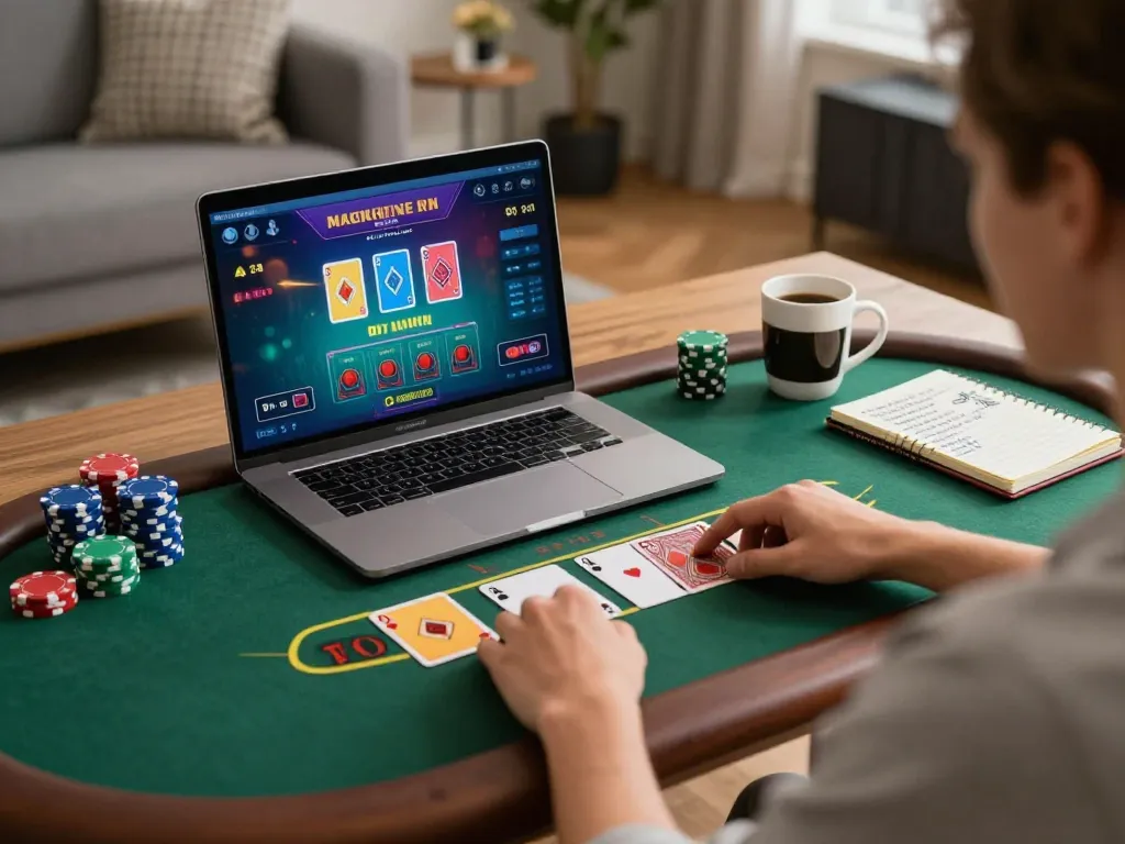 Kuwin player enjoying live dealer blackjack on laptop, showcasing an engaging home gaming environment