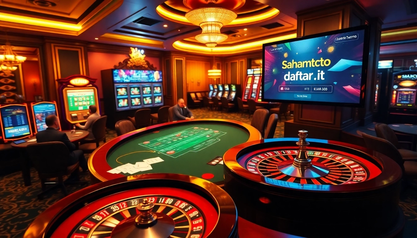 Experience thrilling gameplay at https://sahamtoto-daftar.it.com/ with poker tables, chips, and slots in a vibrant casino.