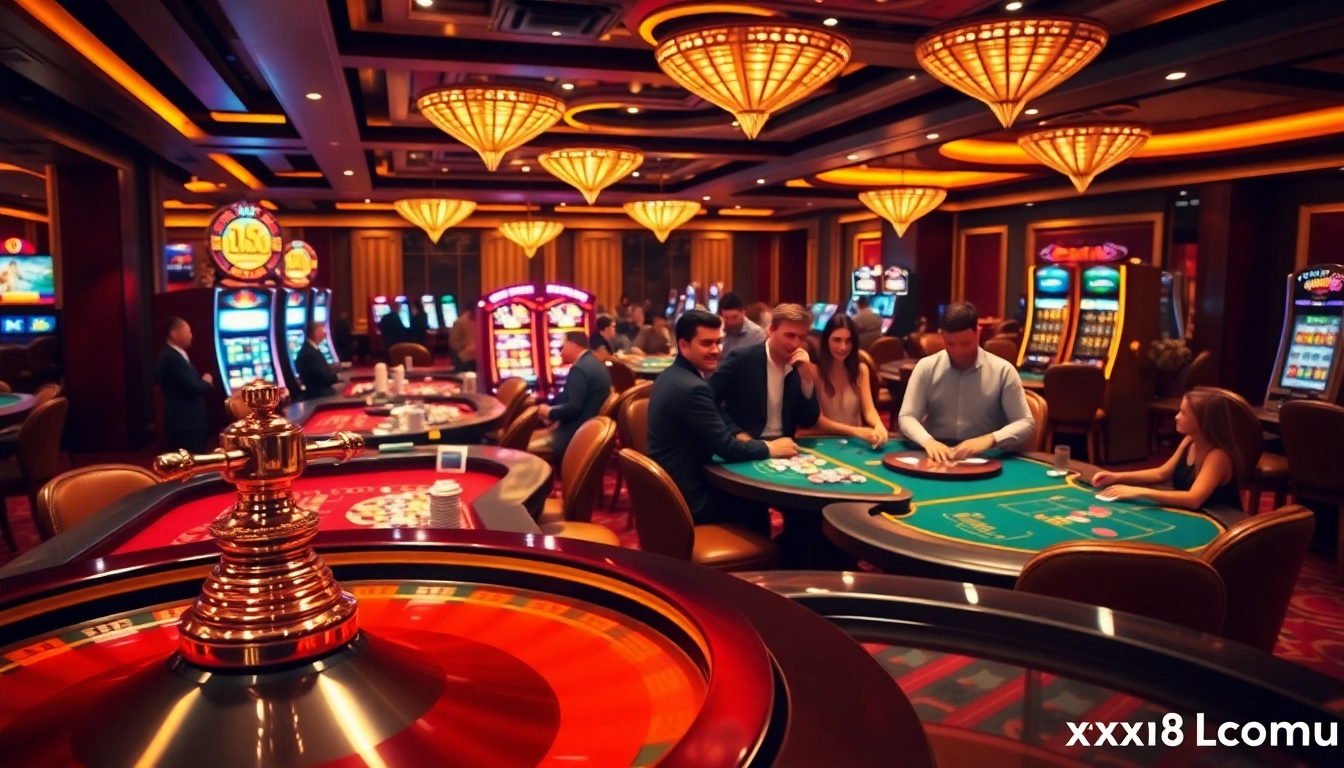Thrilling gambling scene showcasing online excitement at xx88.uk.com with casino tables and players.