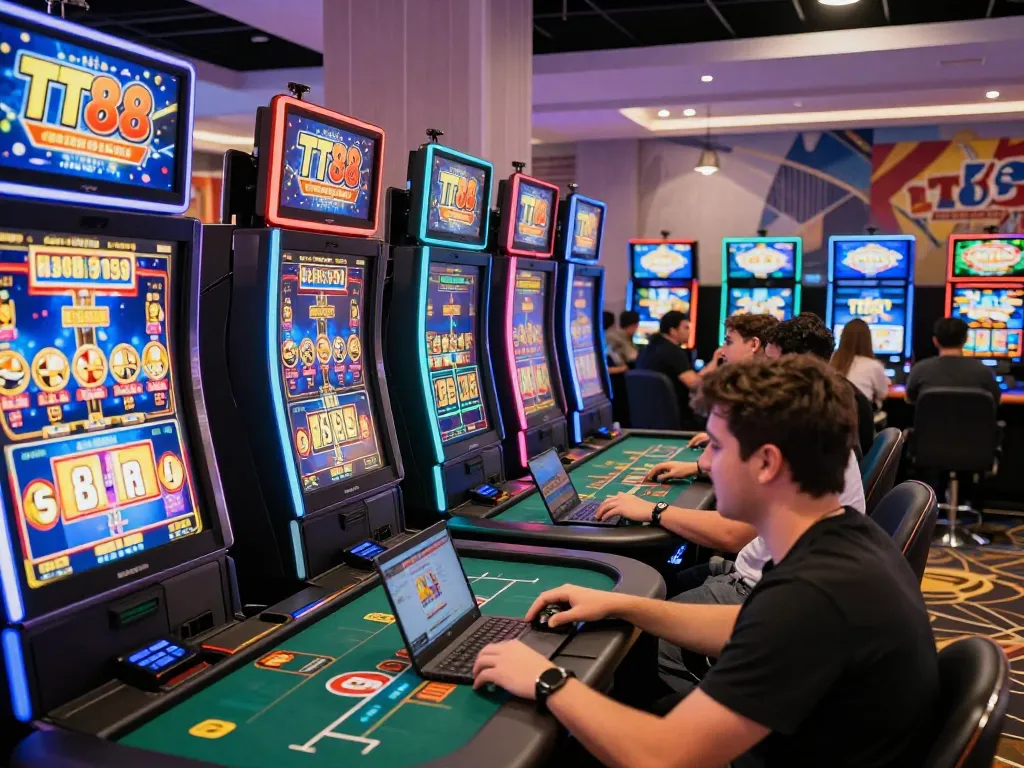 Exciting TT88 online gaming scene showcasing players engaging with slot machines and table games.