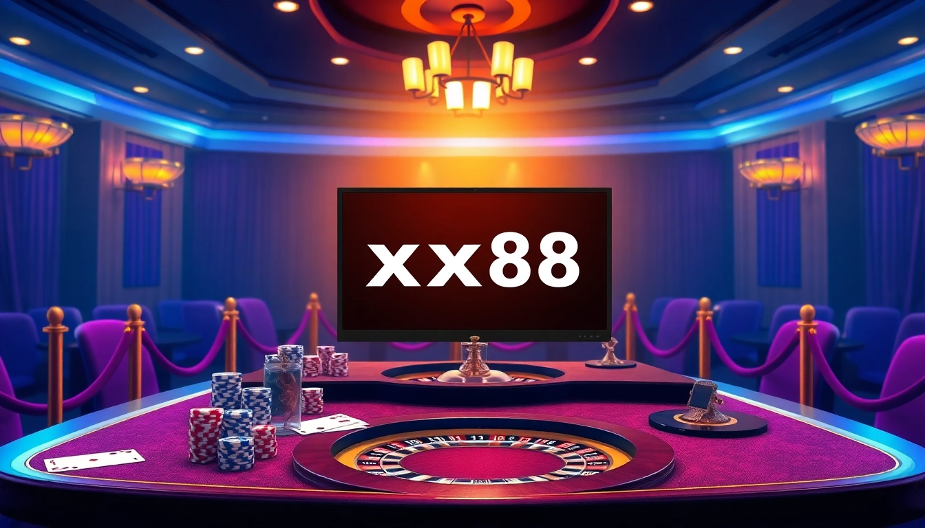 Engaging online gambling scene with the xx88 link displayed on a sleek device amidst casino elements.