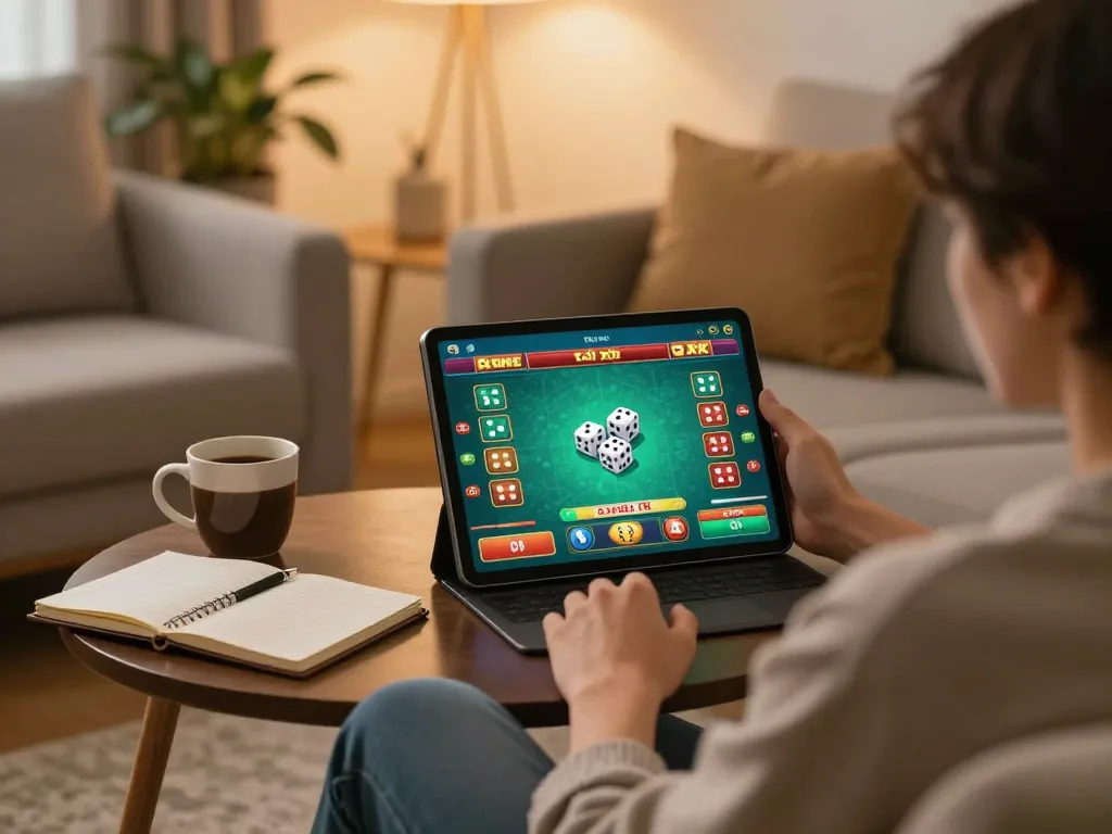 Engaging in game tài xỉu online at home, showcasing gameplay on a tablet with a cozy atmosphere.