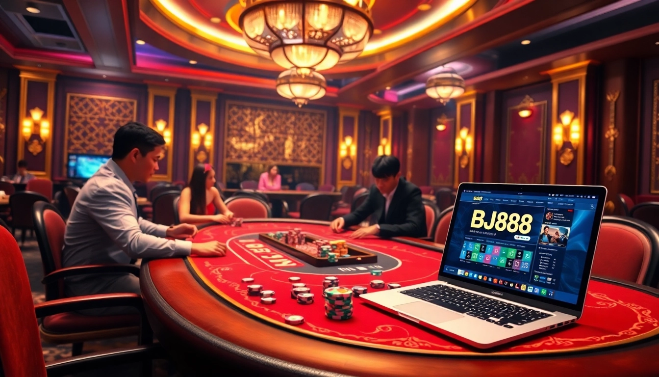 BJ88 players strategizing at a luxury poker table with colorful chips and online interface.