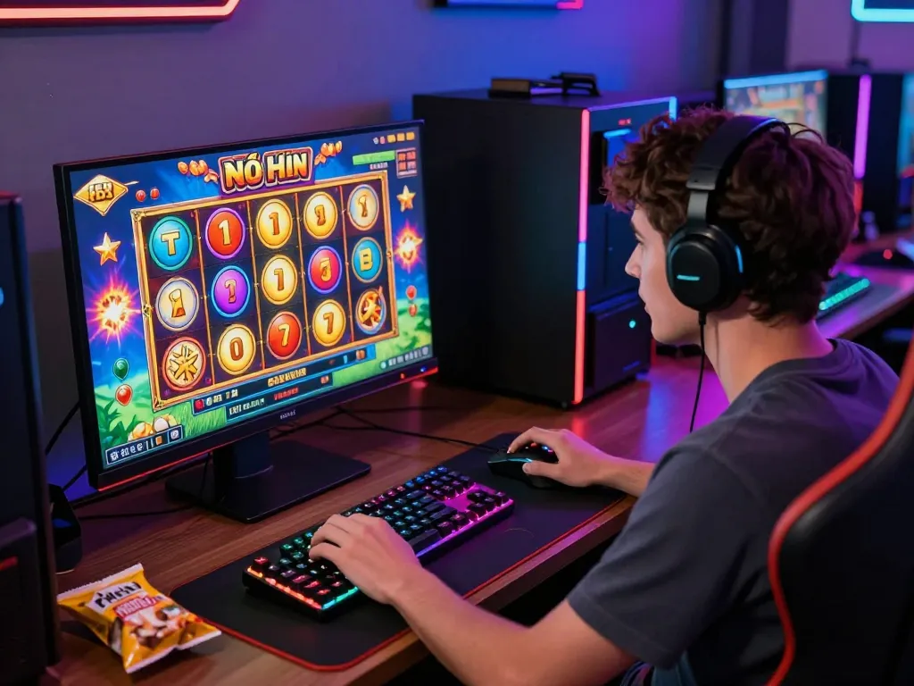 Nổ Hũ online gaming experience with vibrant graphics, colorful setup, and an enthusiastic player ready to spin for big wins.