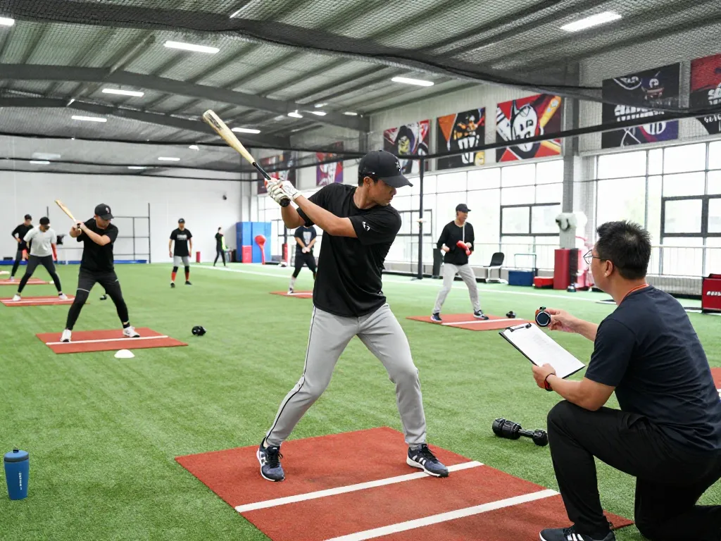 Athlete training at hitclub baseball facility, focused on swing technique with coach's guidance.