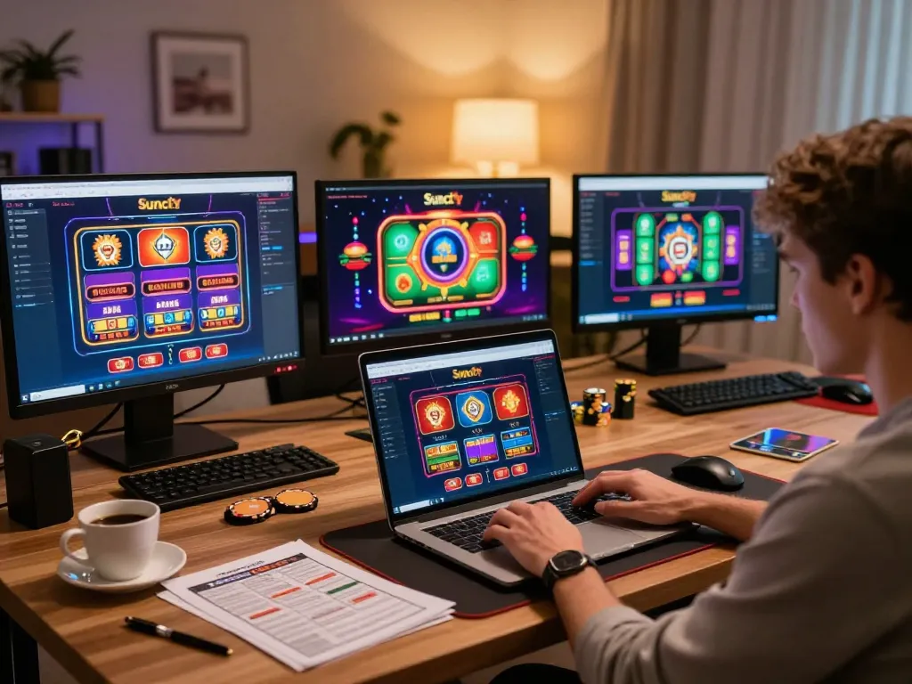 Engaged player using laptop for online gambling at https://suncity.global/ with casino games displayed.