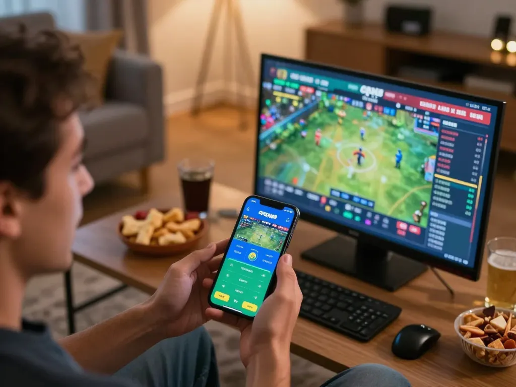 Player betting on sports through the OPEN88 app in a lively home setting