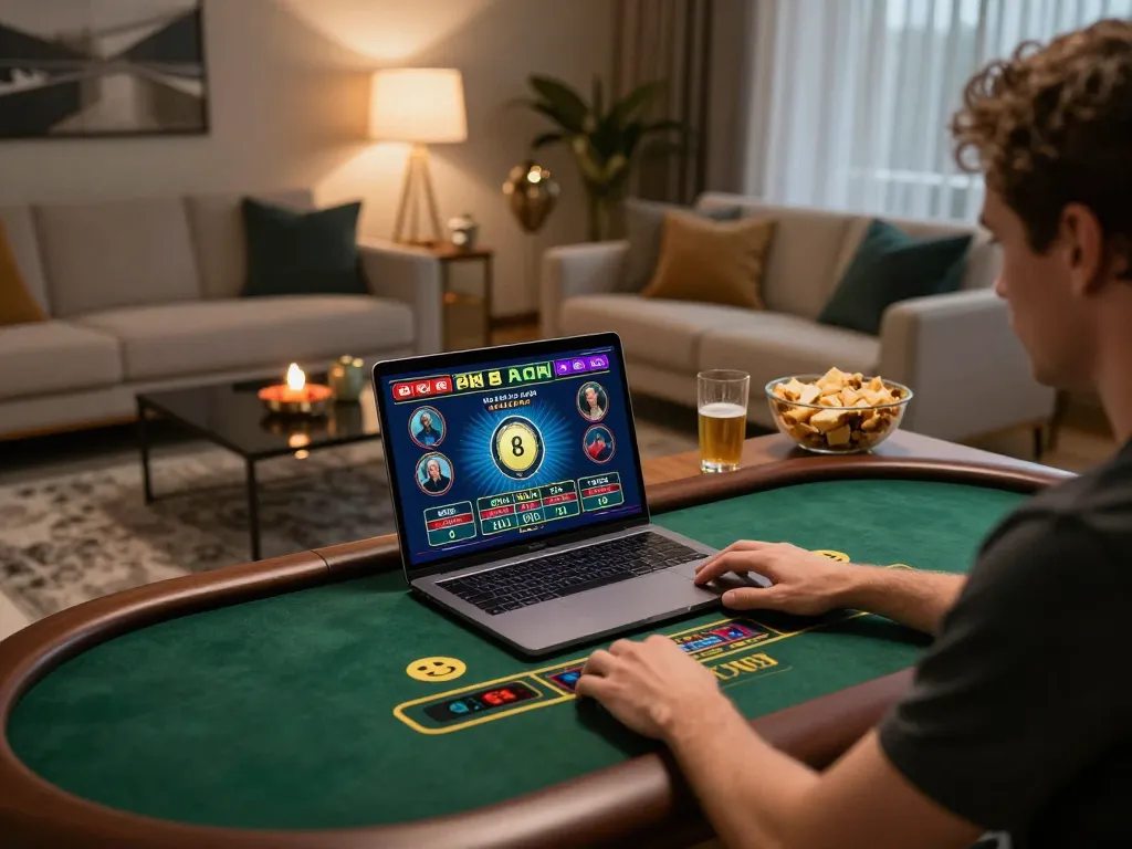 Engaging in online gaming at ee88 with a stylish setup, cozy atmosphere, and visible live dealer games