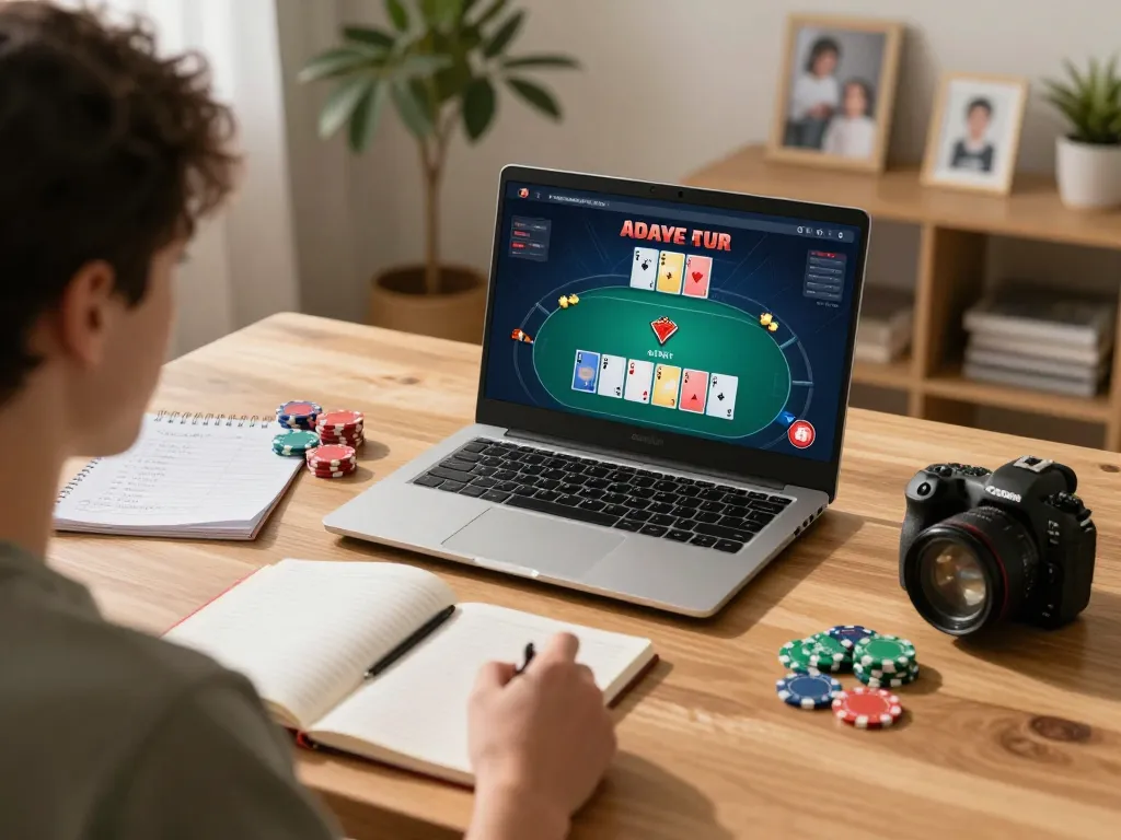 Player engaging with lc88 online poker interface at home, showcasing strategic gameplay environment.
