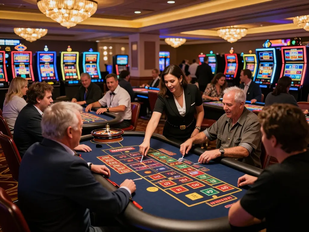 c168 players cheering at roulette table, vibrant casino floor with lively atmosphere