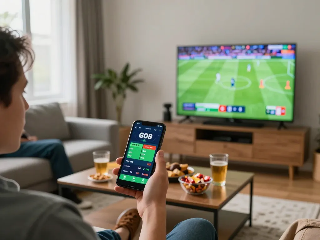 Person using the GO8 sports betting app on a smartphone while enjoying a live football match at home.