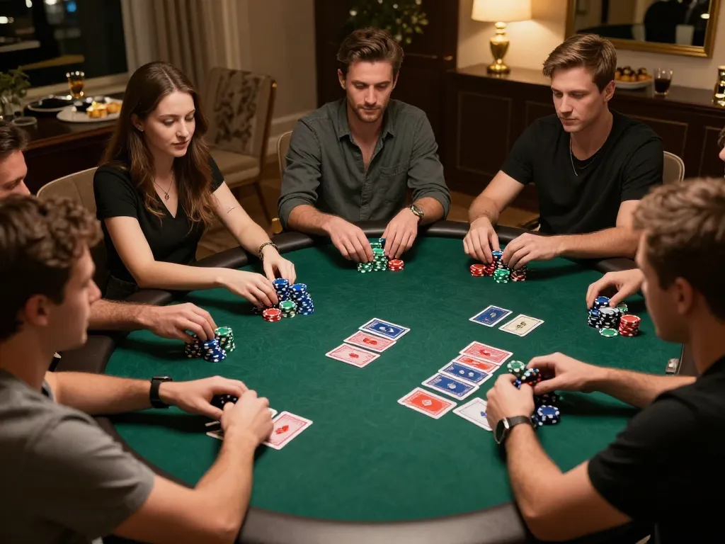 Players enjoying a thrilling poker game at home, showcasing vipwin gameplay experience with vibrant chips and cards.