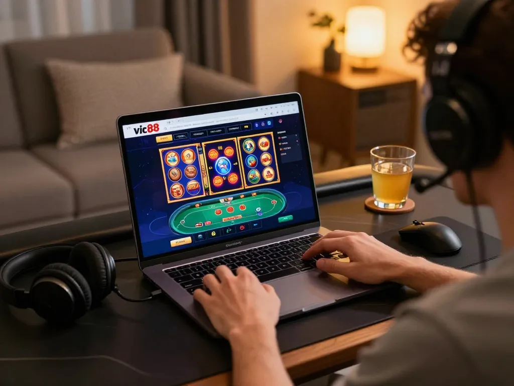 Players engaging with slot games on vic88, showcasing an online casino gaming setup in a cozy environment.