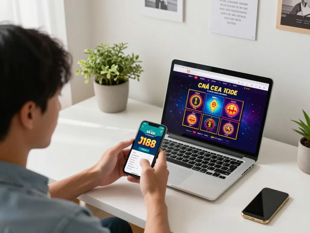 The nhà cái J188 app displayed on a smartphone, illustrating the excitement of online gambling from home.