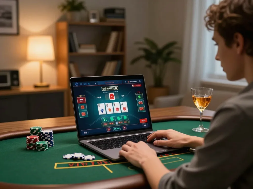 Sky88 player engaging in live blackjack game online with warm home atmosphere.