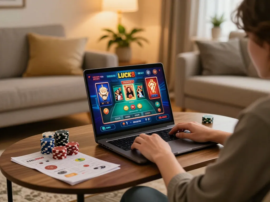 Player engaging with LUCK8 online casino interface on laptop in a cozy home setting.