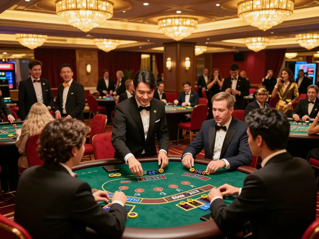 KONG88 players celebrating wins at a vibrant casino floor with engaging blackjack games.