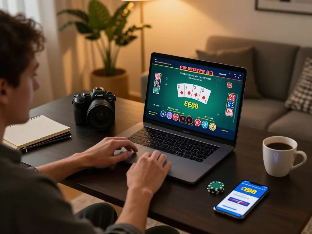 Engaging moment of online gambling at ee88 with dynamic gameplay on laptop.