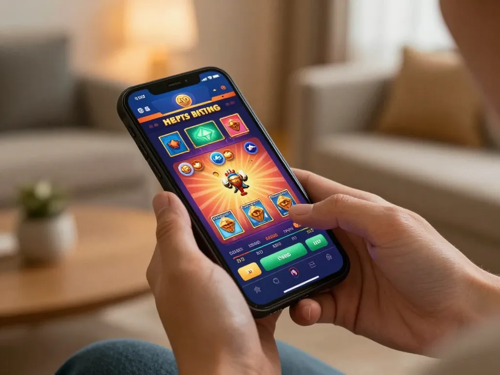 Engaging with TRANG CHỦ KKWIN via smartphone for responsible gaming in cozy home setting.