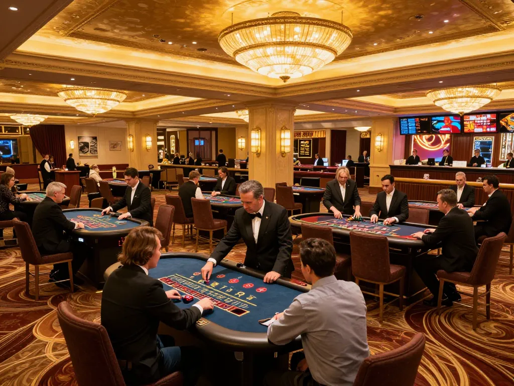 OnBet casino gaming atmosphere with players engaged at tables, showcasing excitement and professionalism.