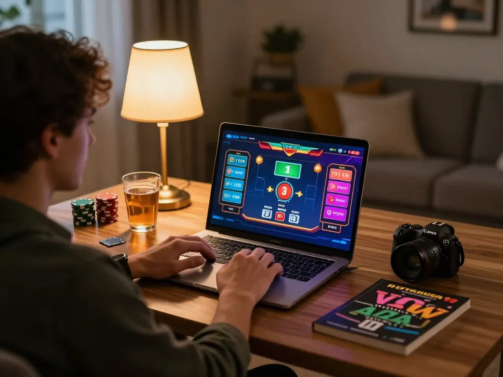 Engaging in online poker gameplay at home with a laptop, highlighting hk casino strategies.