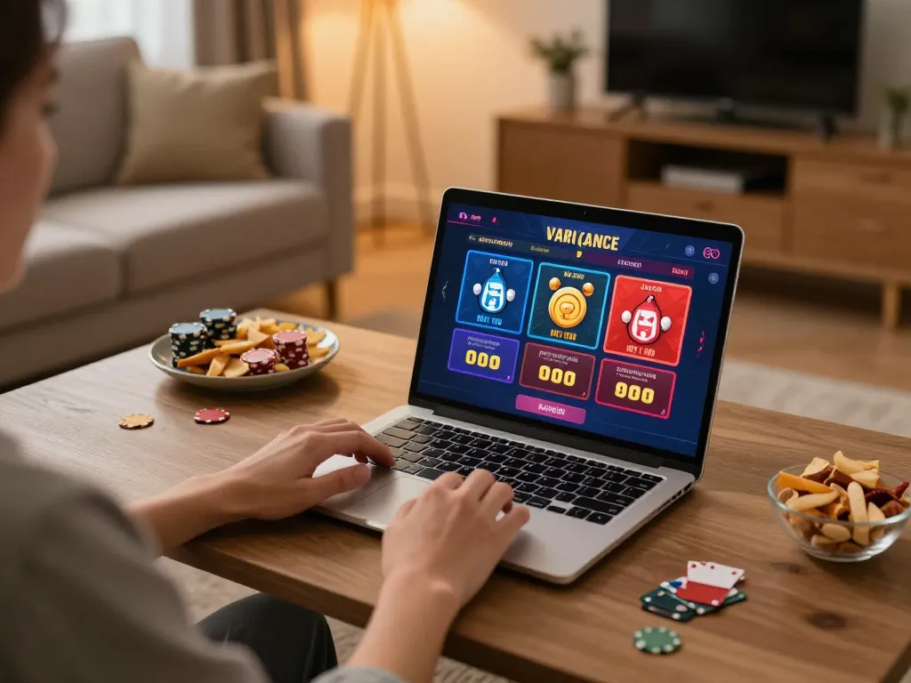 LUCKY88 online casino gaming setup featuring a laptop with vibrant poker interface and cozy atmosphere.