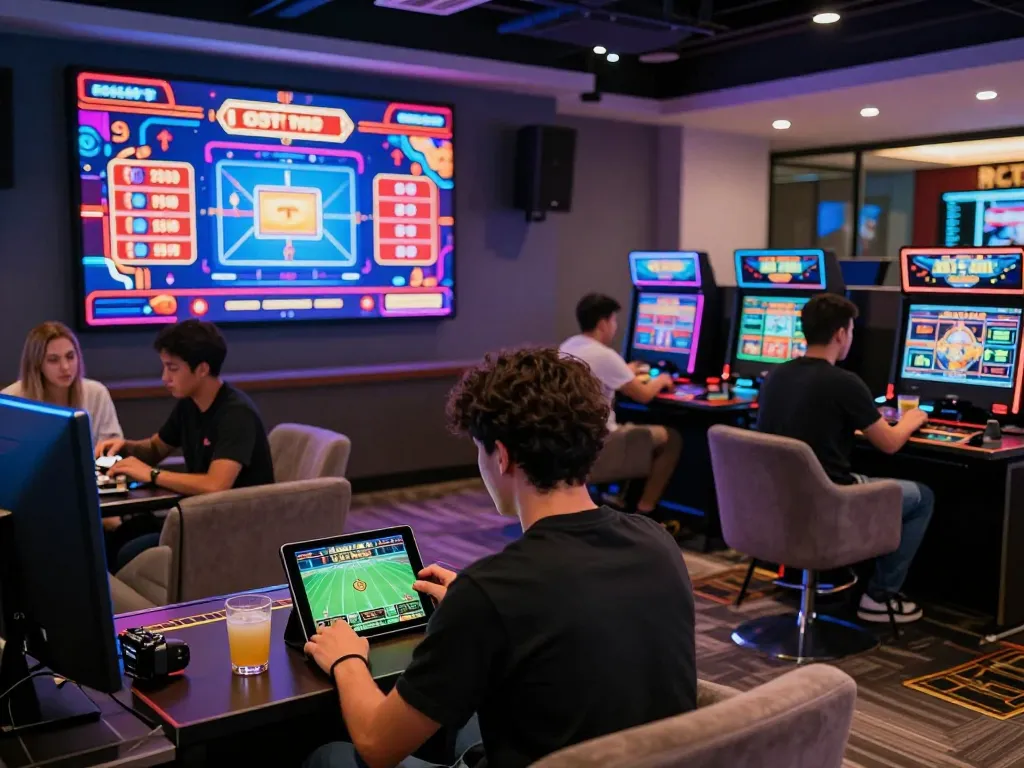 Exciting TR88 gaming lounge scene with players engaging in live betting and casino games.