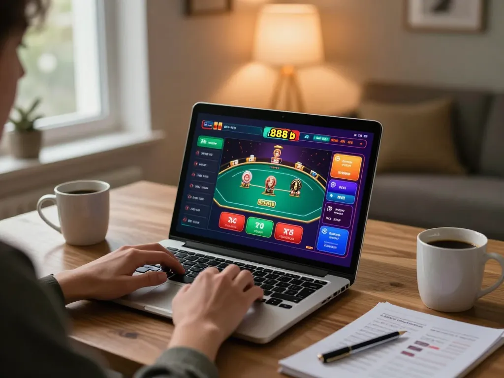 Engaging online poker session at home featuring 888b interface on laptop screen.