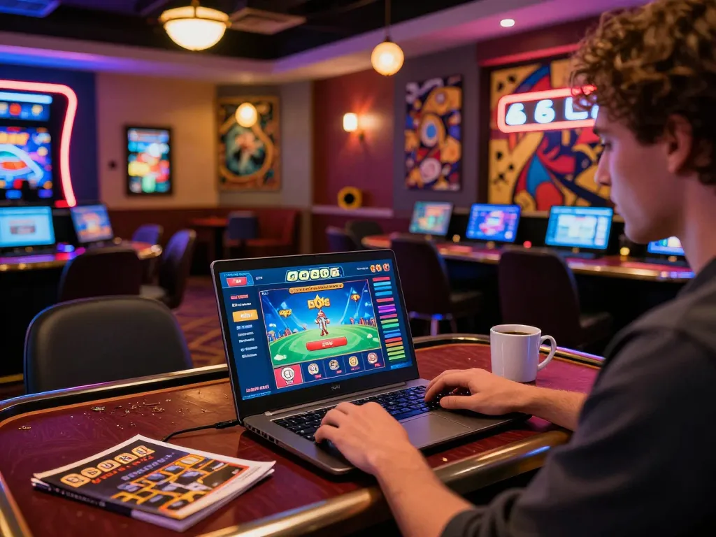Engaged player enjoying five88's online casino experience on a laptop with strategic notes nearby.