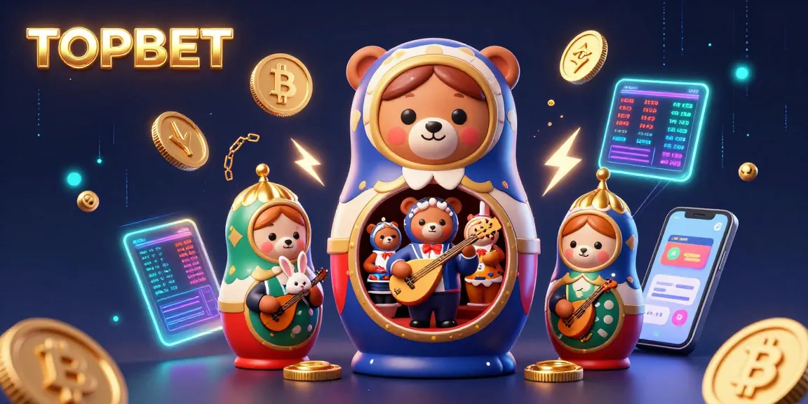 Engage with TOPBET, showcasing vibrant casino-themed bears, Bitcoin coins, and glowing elements.